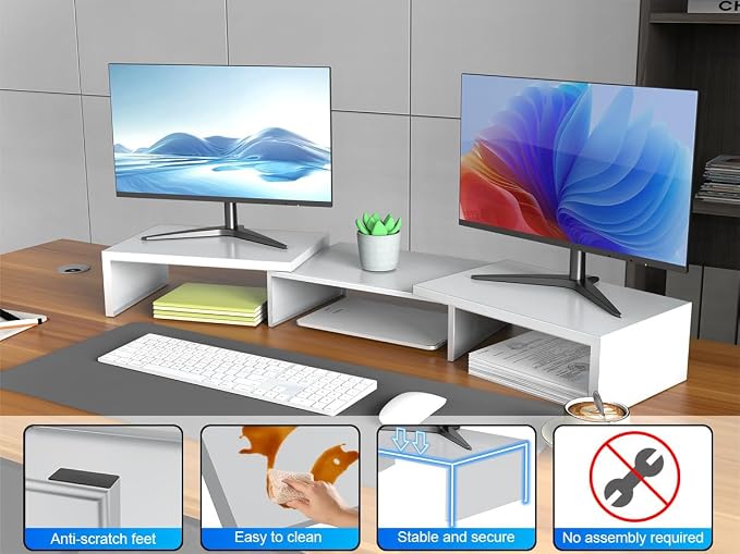 Dual Monitor Stand Riser | Monitor Stand for Desk, Metal Computer Stand, Desk Shelf Riser,Desktop Organizer for Home and Office Use (White) - Image 6