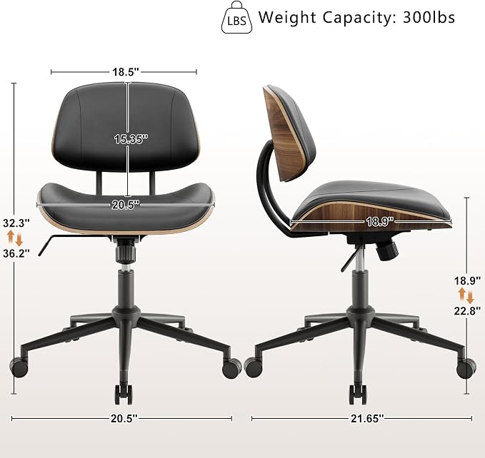 Armless Office Chair with Wheels, PU Leather Desk Chair, Black | Adjustable Height Task Chair, 360° Swivel Ergonomic Computer Chair for Small Space, Modern Walnut Style, Home & Meeting Room - Image 2