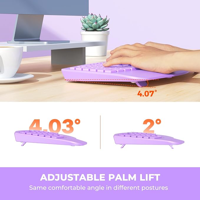 MEETION Wireless Ergonomic Keyboard, Split Design with Wrist Rest, Purple | Comfortable split keyboard with Bluetooth connection, rechargeable and wrist rest, ideal for home office and computer use - Image 5