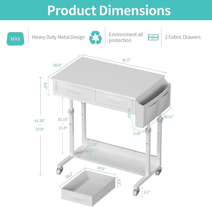 WINAZ Small Rolling Desk with Drawers & Storage - 32 Inch Adjustable Height Standing Desk on Wheels for Teachers, Students, Portable Mobile Workstation for Home Office, Small Spaces, Sewing & Crafts - Image 3