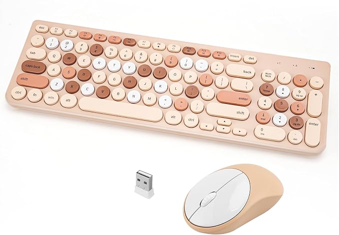 Wireless Keyboard and Mouse Combo, Retro Typewriter Keyboard with Round Keycaps, 2.4GHz USB Cute Wireless Keyboard Mouse for Computer, Desktop, Laptop (Milk Tea Colorful) by GUKJOB