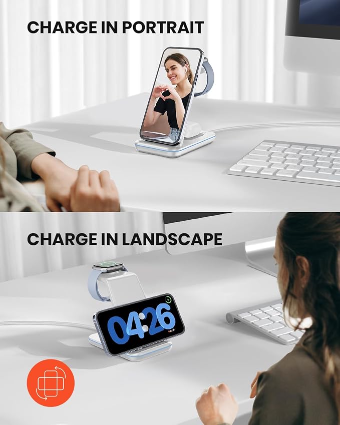 GEEKERA Wireless Charger, 3 in 1 Wireless Charging Station for iPhone Air/17/16/15/14/13/12/11/Pro Max/X/8, Phone and Watch Charger Stand for Apple Watch Ultra 3-2/11-2/SE, AirPods Pro/4/3/2, Silver - Image 4