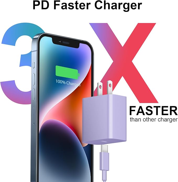iPhone 17 16 15 Charger Fast Charging 2+2Pack 20W USB C Wall Charger with Extra Long 10FT Fast Charging Cable Compatible with iPhone 17/17 Air/17 Pro/17 Pro Max/iPhone 16/15 Series, iPad Pro -Purple - Image 2