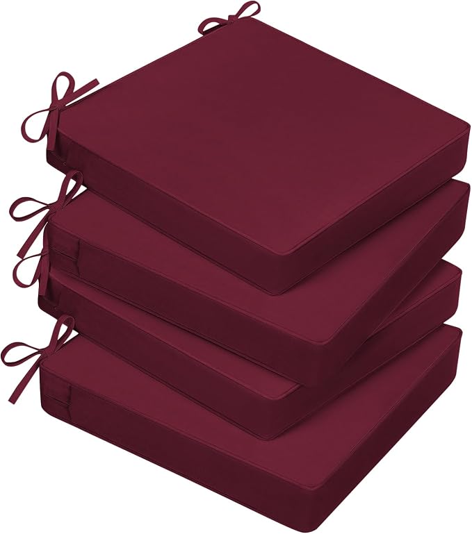 Basic Beyond Outdoor Chair Cushions for Patio Furniture, Waterproof Outdoor Seat Cushions Set of 4 19 x 19, Patio Chair Cushions Set of 4 with Ties and Handle, Burgundy by BasicBeyond