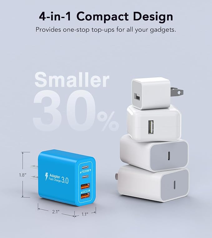 [2-Pack] 40W USB C Charger Block, 4-Port Type C Fast Charging Brick Dual PD&QC Wall Plug Adapter Power Brick for iPhone 13/14/15/16/17/Pro Max Plus/iPad/Airpods/iwatch/Samsung Galaxy (Light Blue) - Image 5