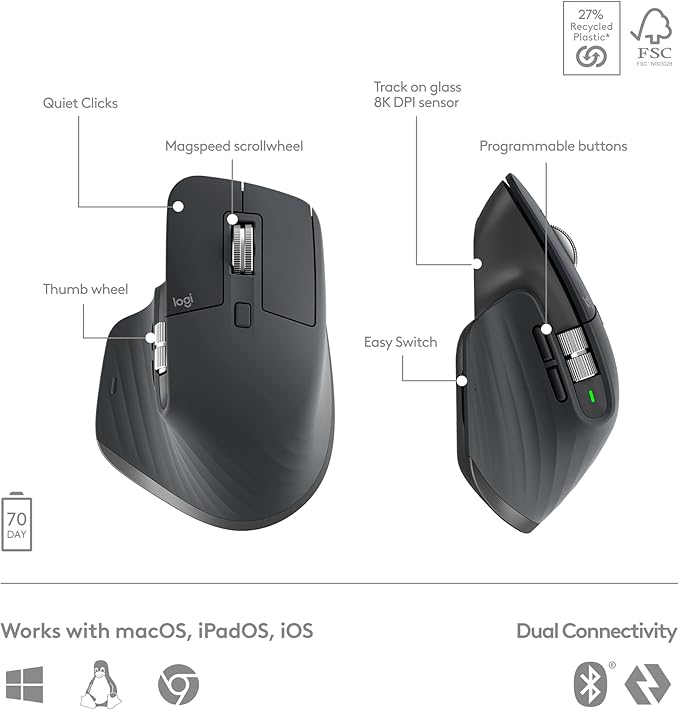 Logitech MX Keys S Combo Performance Wireless Keyboard and Mouse - Graphite | Includes palm rest, customizable illumination, fast scrolling, Bluetooth, USB C, Windows, Mac, Linux, Chrome compatible - Image 7