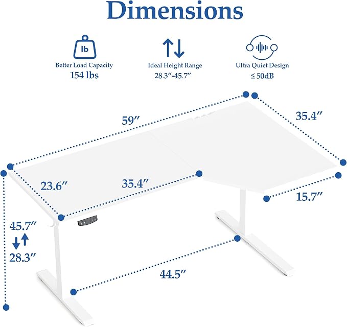 Klicelor L Shaped Standing Desk 59 x 35.4 Inch, Electric Height Adjustable Corner Desk for Home Office Workstation, Ergonomic Sit Stand Computer Table with Memory Controller, White - Image 3