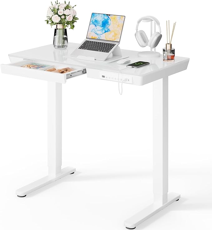 Marsail Glass Standing Desk, 35 x 20 Inch Small Sit Stand Desk | Sit Stand Design, Storage Drawer, One-piece tempered glass top, Compact Home Office Desk,Steady, easy to clean by Marsail