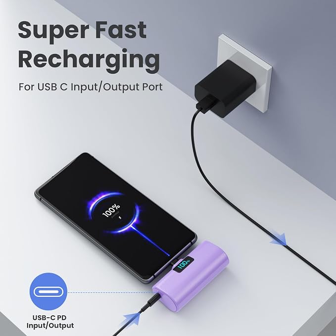 [2-Pack]Portable Charger for iPhone 16/15 Series,5200mAh PD USB C Power Bank Built-in USB-C Connector,Battery Pack Compatible with iPhone 16/16 Plus/16 Pro/16 Pro Max/15 Series,Android (Pink+Purple) - Image 2