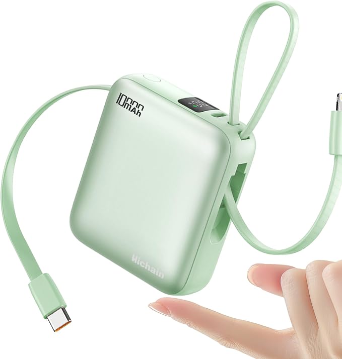 Hichain Portable Charger with Dual Built-in Cables 10000mAh Small Power Bank 22.5W Fast Charging Mini Powerbank LED Display Travel Essential Battery Pack for iPhone 17 16 15 14 13 All Series Green by Hichainmakeyourlifebetter
