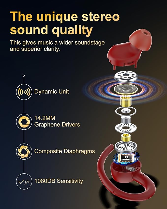 Wireless Earbuds, Bluetooth 5.4 Headphones Sport Over Ear Buds With ENC Mic | Noise Cancelling,48H, Wireless Earphone With Earhooks, Stereo Deep Bass, IP7 Waterproof ear bud for Workout Running,Light Red - Image 3