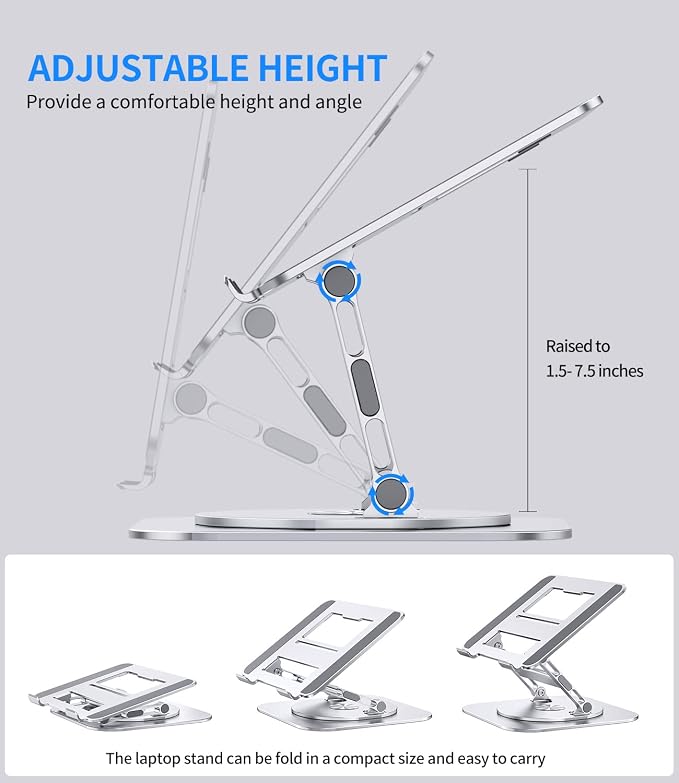 AOEVI Adjustable Laptop Stand with 360 Rotating Base, Stable Computer Stand for Laptop Ergonimic Foldable Laptop Riser for Desk Compatible with MacBook Pro/Air Notebook up to 16 Inches, Silver - Image 4