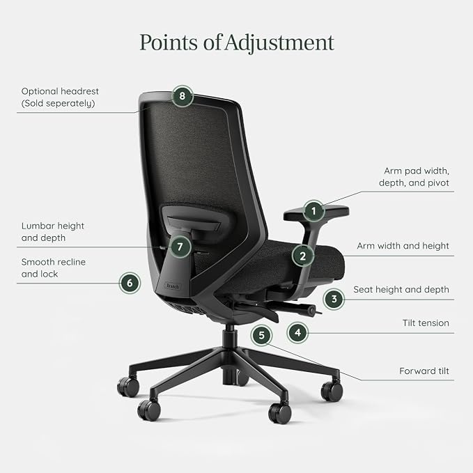 Branch Ergonomic Chair Pro, Mesh Office Chair with 14 Points of Adjustment | Height, Depth and Tilt Adjustable, 5D Armrests, Forward Tilt, Smooth Recline, and Lumbar Support, Black Boucle - Image 4