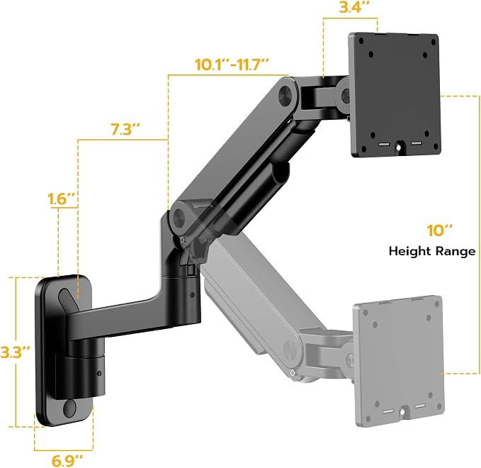 ARES WING Wall Mount Monitor Arm for 17-49 Inch Ultrawide Screens, Black | Heavy Duty Single Monitor Arm Holds 44 lbs, Fully Adjustable Gas Spring Monitor Wall Mount, 75x75/100x100 VESA Mount - Image 8