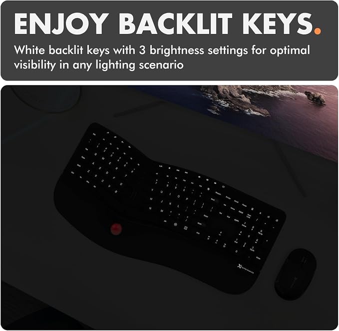 X9 Performance Ergonomic Wireless Keyboard with Trackball - Rechargeable, Backlit, Built in Mouse Buttons - 2.4G Split Keyboard Wireless for Windows PC and Chrome - All in One Typing Solution - Image 2