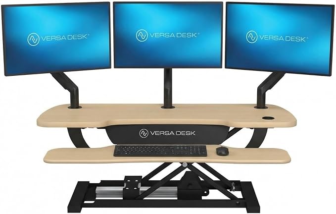PowerPro 40 Inch Electric Standing Desk Converter – Push-Button Height Adjustable Sit to Stand Desk Riser for Triple Monitors & Laptop – Motorized Desktop Workstation with Wide Keyboard Tray by VERSADESK