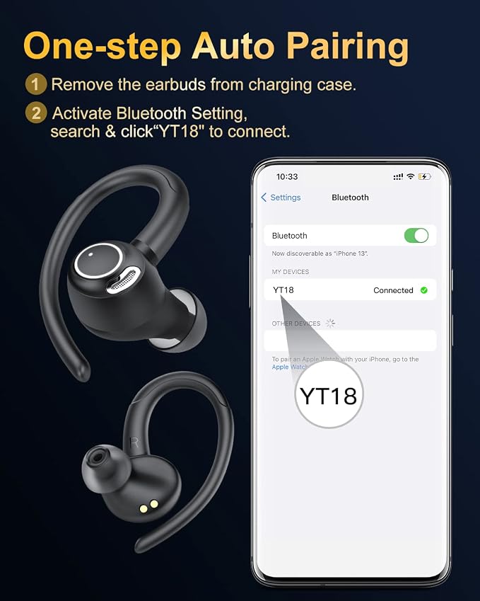 Wireless Earbuds, Bluetooth 5.4 Headphones Sport Over Ear Buds With ENC Mic | Noise Cancelling, 48H, Wireless Earphone With Earhooks, Stereo Deep Bass, IP7 Waterproof ear bud for Workout Running, Black - Image 7