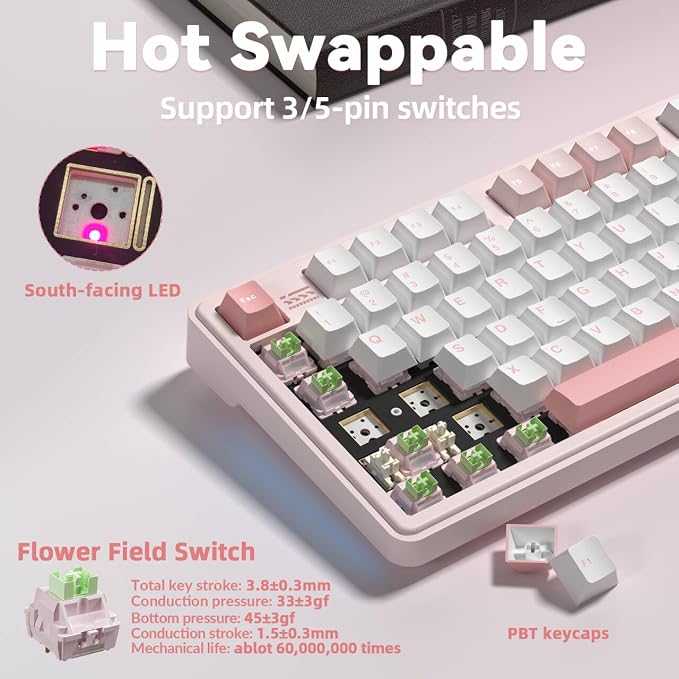 LINGBAO K108 Pro Wireless Mechanical Pink Creamy Keyboard with Number Pad | Full Size Mechanical Keyboard with 10000mAh Battery, PBT Keycaps, Gasket Mount, RGB Backlit Hot-swap Custom Keyboard for PC - Image 5