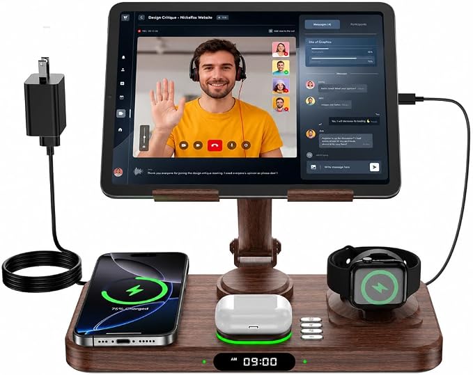 6 in 1 Wireless Charger for Apple Multiple Devices, Charging Station with Clock &7 Color Ambient Light, Foldable Rotate Stand for iPad, for iPhone17/16/15, Support for Apple Watch11/10 For AirPods4 by keepyourlifemoreorganized