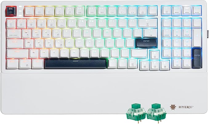 Wireless Mechanical Keyboard with Wrist Rest,Tri-Mode BT5.0/2.4GHz/USB-C Hot Swappable Custom Keyboard,Pre-lubed Clicky Switches,RGB Backlit Computer Gaming Keyboards for PC/Tablet/PS/Xbox(White) by HEXGEARS