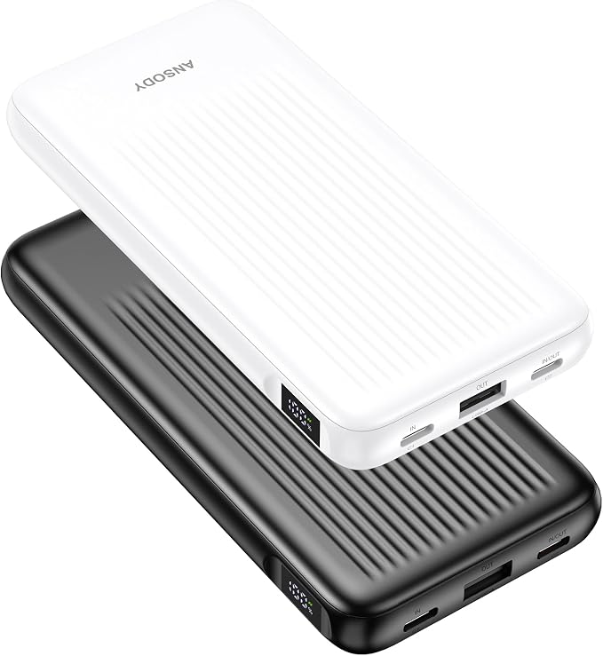 2-Pack Power Bank, 10000mAh 22.5W Fast Charging Portable Charger | Travel Essential, 2 Outputs & 2 Inputs, Slim USB C Digital Display Battery Pack for iPhone Galaxy iPad Tablets, Black & white by Ansody
