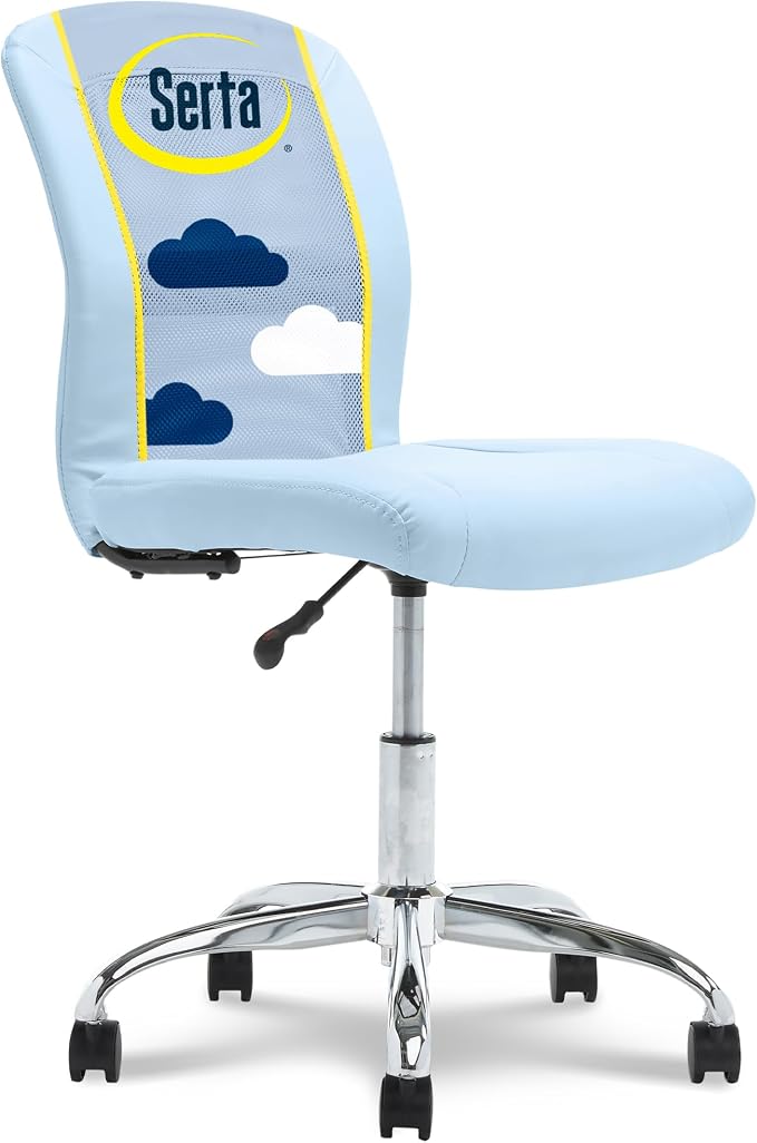 Serta Armless Small Home Desk Chair with Wheel, Ergonomic Mesh Office Chair | Essentials, Leather & Foam Cushioned Seat, Adjustable Height, Vanity Chair for Bedroom & Small Space, 360° Swivel, Sky Blue by Serta