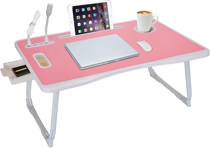 Laptop Bed Table, Laptop Desk for Bed, Foldable Laptop Bed Desk with USB Charge Port, Handle, Desktop Card Slot, Cup Slot, Side Drawer, Portable Laptop Table for Bed Eating Reading Working - Image 7