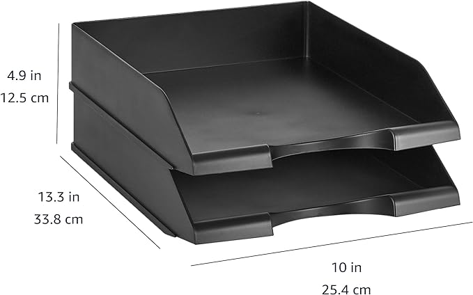 Amazon Basics Rectangular Stackable Desk Organizer Office Letter Tray, File Storage, Paper Organizer, Black, 2-Pack - Image 4