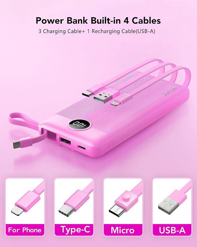 VRURC Portable Charger Power Bank, Built-in 4 Cables & 2 Ports 10000mAh | LED Display Slim Battery Pack,Compact Travel Essential Portable Phone Charger 5 Output for Multi Devices,Student/Teens(1Pack) - Image 2