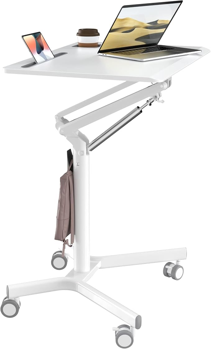 JOY worker Mobile Standing Desk, 28" White Rolling Laptop Desk with Wheels | Small Portable Sit-Stand Workstation Height Adjustable, Slim Ergonomic Teacher Stand Up Desk with Cup Holder for Home Office by JOYworker
