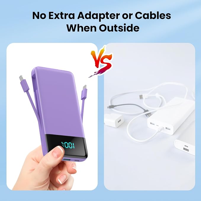 Portable Charger Power Bank for iPhone with Built-in Cables and AC Wall Plug, 13800mAh Ultra Slim Travel Essentials,USB C Fast Charging External Battery Pack for iPhone 17/16/13,Galaxy,Android-Purple - Image 4