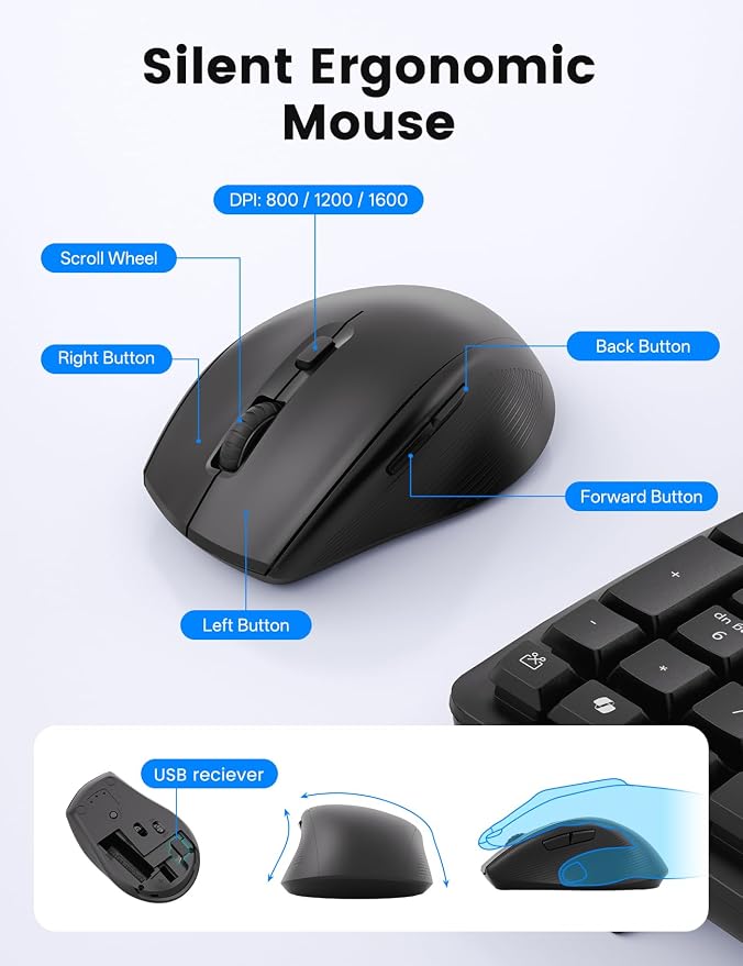 Wireless Keyboard and Mouse Combo, SABLUTE MA41 30dB Quiet Ergonomic Wave Keyboard Set with Soft Leather Palm Rest, Dual-System Switch for Windows/Mac, Ideal for Business Teams Home Office | Soft Leather Memory Foam Wrist Rest, 2.4GHz Wireless, UAB-A &... - Image 9