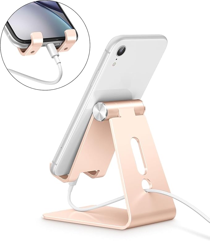 OMOTON Adjustable Cell Phone Stand, C2 Aluminum Desktop Phone Dock Holder Compatible with iPhone 15 14 13 Pro, SE, XR, 8 Plus 7 6, Samsung Galaxy, Google Pixel and More, Gold | Sturdy 3mm Aluminum, Charging Port, 270° Adjustable, Non-Slip Silicone Pads... - Image 6