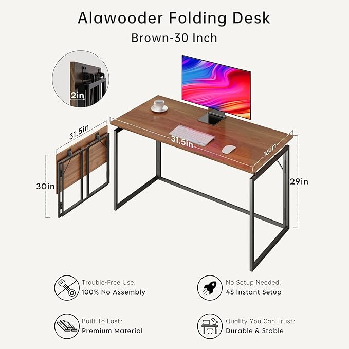 31.5" Folding Desk: No Assembly, Wood Top for Small Spaces | Home office desk, holds 150 lbs, folds flat to 2.3 in, splash-proof wood top, sturdy metal frame - Image 6