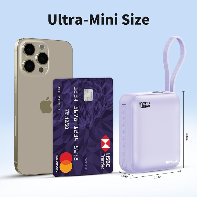 10000mAh Small Portable Charger with Built in Cables LED Display Purple | Mini Power Bank 22.5W USB-C Fast Charging Battery Pack, Travel Essential Power Bank for iPhone, iPad, Samsung, Android - Image 3
