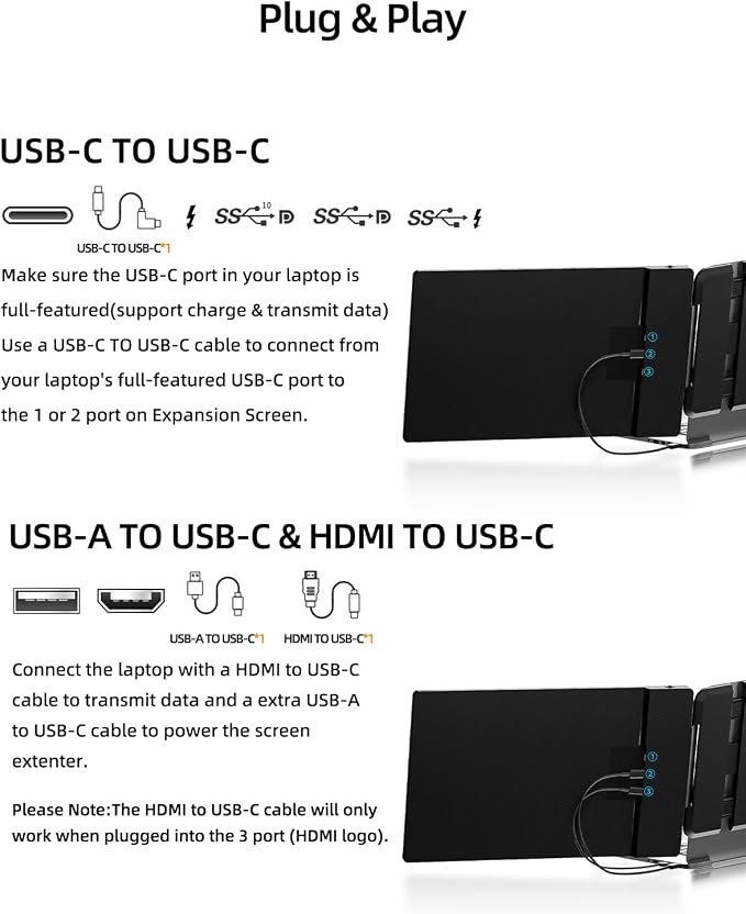 Laptop Screen Extender, 14" FHD 1080P IPS Dual Laptop Monitor Extender, Plug n Play Portable Travel Monitor for Laptops 13.3"-17" with HDMI/USB-A/Type-C, Compatible with Windows Mac Chrome Android - Image 6