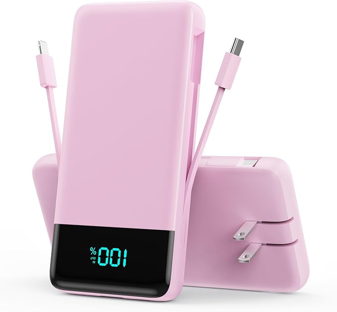 Portable Charger Power Bank for iPhone with Built-in Cables and AC Wall Plug, 13800mAh Ultra Slim Travel Essentials,USB C Fast Charging External Battery Pack for iPhone 17/16/13,Galaxy,Android-Pink by FOCHEW