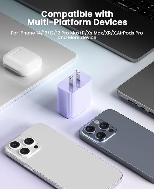iPhone Charger Fast Charging, USB C Charger Block, 6FT/10FT Lightning Cable | For Apple iPhone 14/13/12/11 Series, 2-Pack USB C to Lightning Cables, AirPods with Lightning Charging Case,Purple - Image 7