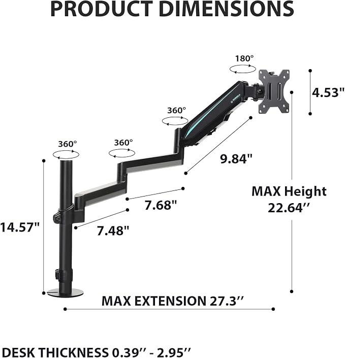 EUREKA ERGONOMIC Single Monitor Desk Mount, Adjustable Gas Spring Monitor Arm for LCD PC Screen 13-32 inch, Max 17.6 LBS, Computer Monitor Stand W C Clamp & Grommet Base, VESA 75x75mm,100x100mm, Black - Image 8