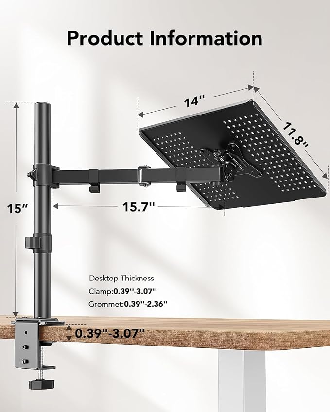 HUANUO Laptop Desk Mount - 17' to 32' Monitor Arm, Ventilated Tray, Fully Adjustable with Tilt, Swivel & Rotation, Holds up to 22 lbs - Image 3
