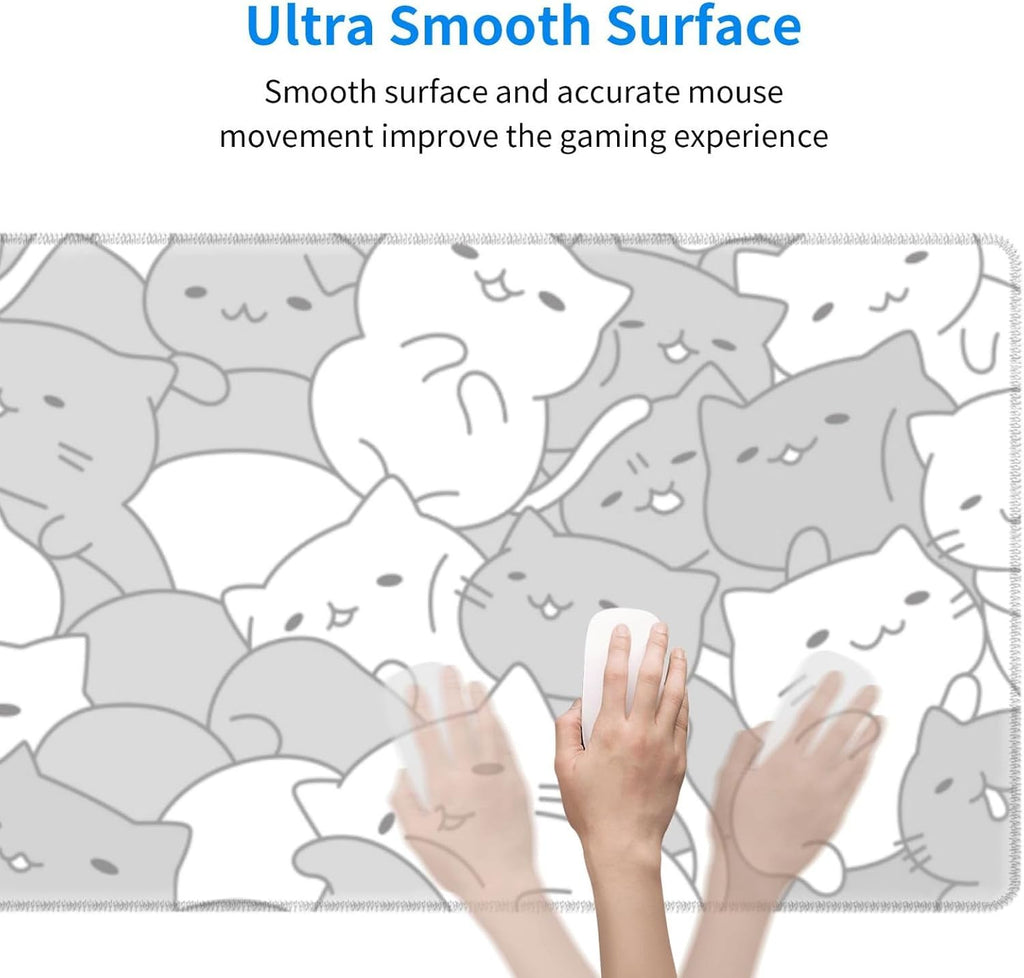 White Kawaii Cats E-Sport Mouse Pad Large Desk Mat Non-Slip Rubber Base Stitched Edge Keyboard Mouse Pad for Office Home E-Sport Computer Laptop, 31.5×11.8 Inches - Image 3