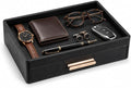 GORESE Leather Valet Tray for Men, Nightstand Organizer with Drawer, Black | Vegan Leather, EDC Desk Organizer Tray for Jewelry Cologne Watch Wallet Key, Catchall Tray for Dresser Entryway Table Bedside by GORESE