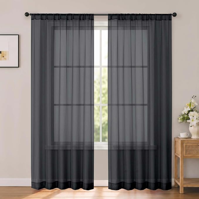 Black Sheer Curtains 84 Inches Long 2 Panels for Living Room 52" W | Sheer White Curtains for Bedroom, Elegant Airy Light Filtering Window Treatments, Rod Pocket, 2pcs Each Panel 52" W x 84" L by OWENIE