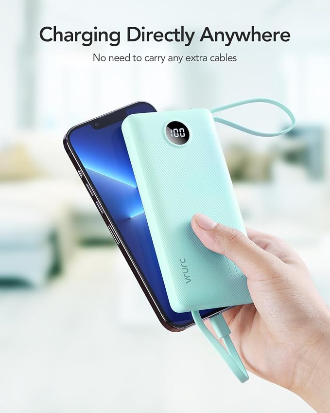 VRURC Portable Charger Power Bank, Built-in 4 Cables & 2 Ports 10000mAh | LED Display Slim Battery Pack,Compact Travel Essential Portable Phone Charger 5 Output for Multi Devices,Student/Teens(1Pack) - Image 8