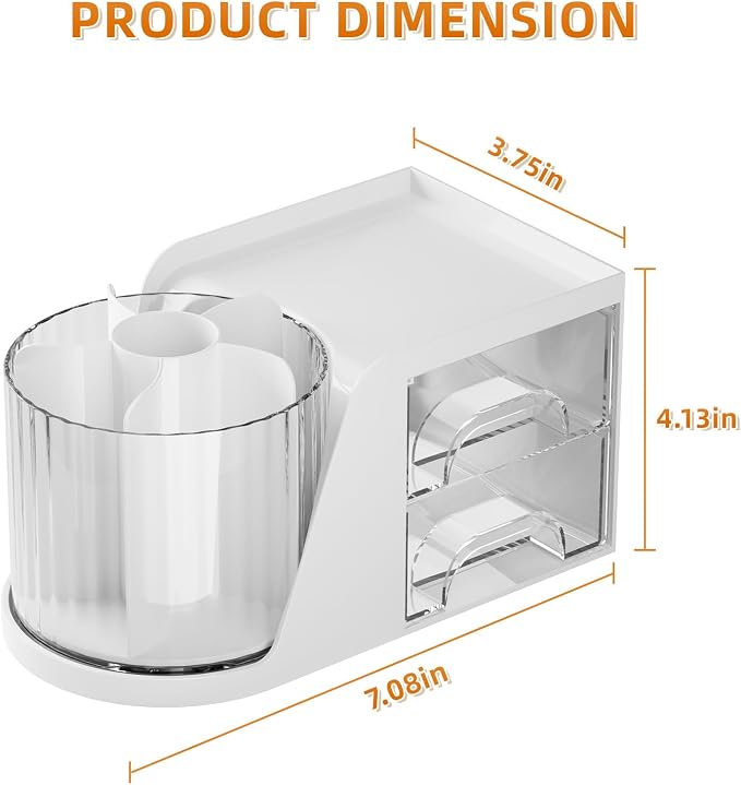 Marbrasse Desk Organizer with 2 Drawer, 360°Rotating Pen Holder, Desk Organizers and Accessories with 6 Slots Pencil Organizer + 2 Drawer, Art Supply Storage Box Caddy for Office (White) - Image 3