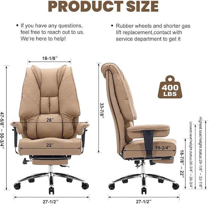 EXCEBET Big and Tall Office Chair 400lbs Wide Seat, Leather High Back Executive Office Chair with Foot Rest, Ergonomic Chairs Lumbar Support for Lower Back Pain Relief, All-Day Comfort (Brown) - Image 2