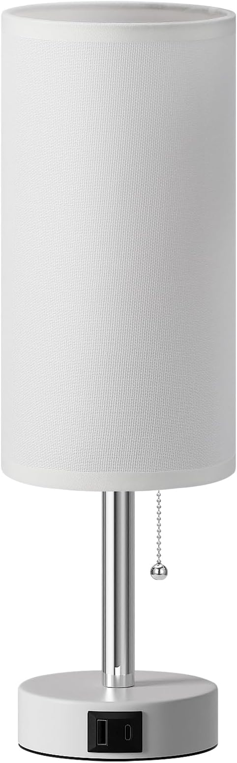 White Bedside Table Lamp for Bedroom - Small Nightstand Lamp for Girls | 3 Color Temp, USB A+C Ports, LED Bulb Included, Soft White Fabric Shade, Matte White Metal Base, 14" Desk Lamp for Kids Dorm - Image 9