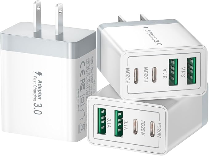 3 Pack USB C Charger Block, 40W 4-Port Fast Charger 20W Type C Charging Block 3.1A USB Wall Charger Dual Port PD+QC Charging Cube for iPhone 17 16 15 14 13 12 Pro Max XS, iPad, Samsung Phone, Tablet by Aioneus