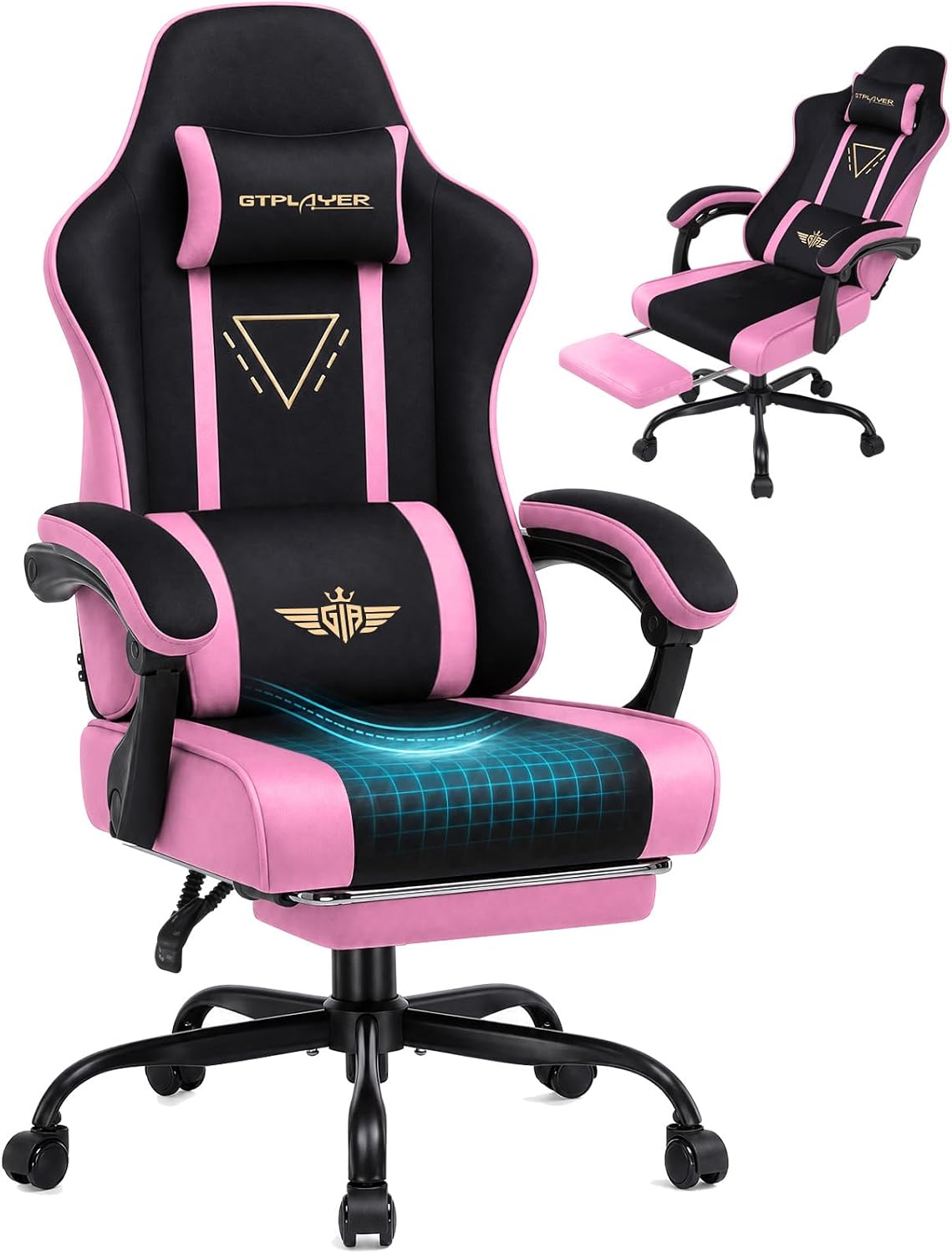 GTPLAYER Video Gaming Chair Fabric, Ergonomic Computer Chair with Footrest and Pocket Spring Cushion, Height Adjustable Video Gamer Chair with Lumbar Support for Adults, Pink by GTPLAYER