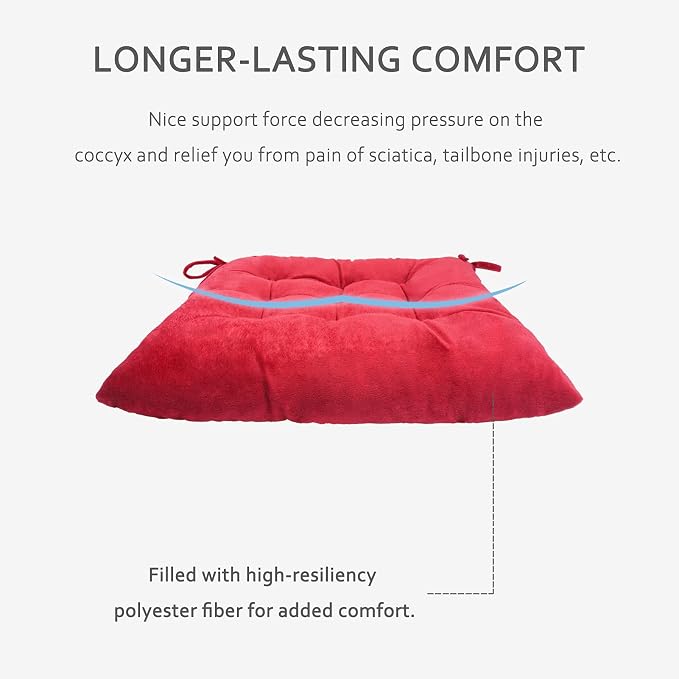 ELFJOY Set of 4 Square Chair Pads Indoor Seat Cushions Pillows with Ties Thick Soft Seat Cushion for Kitchen Dining Office Chair (18", Burgundy) - Image 6